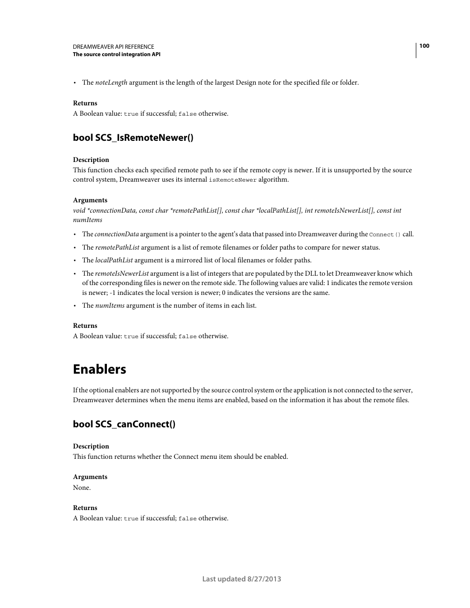 Bool scs_isremotenewer(), Enablers, Bool scs_canconnect() | Adobe Dreamweaver API Reference CS5 User Manual | Page 105 / 533