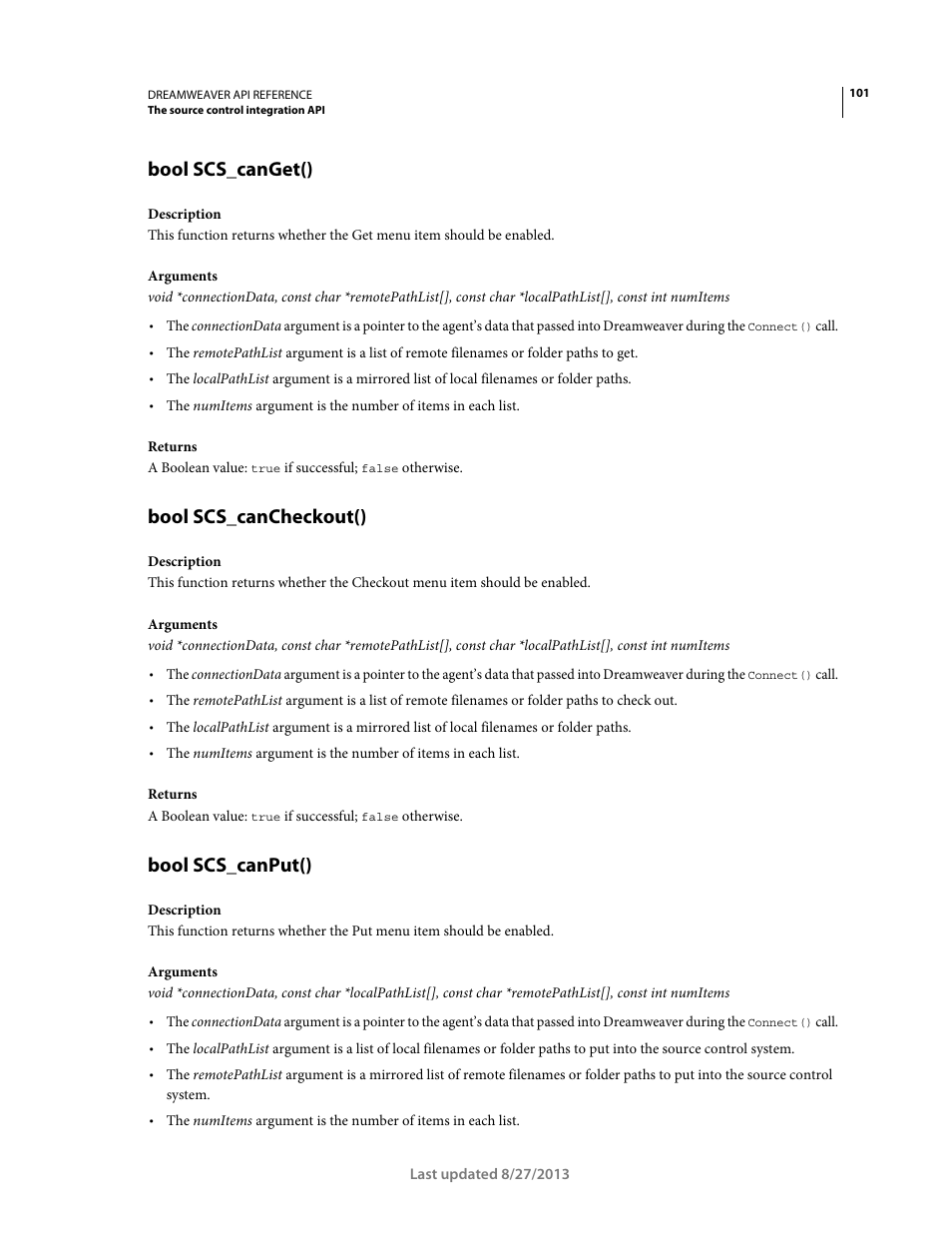 Bool scs_canget(), Bool scs_cancheckout(), Bool scs_canput() | Adobe Dreamweaver API Reference CS5 User Manual | Page 106 / 533