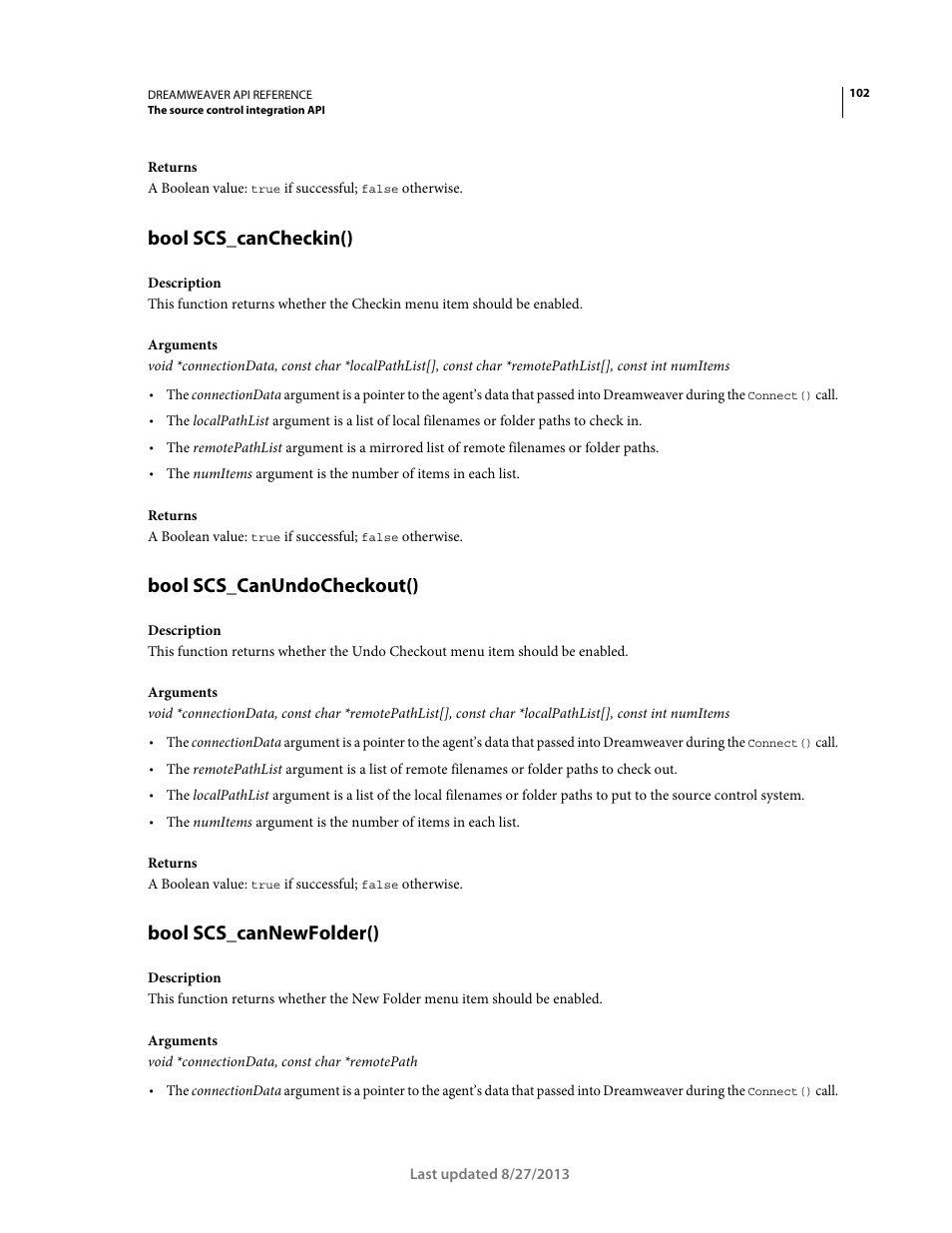 Bool scs_cancheckin(), Bool scs_canundocheckout(), Bool scs_cannewfolder() | Adobe Dreamweaver API Reference CS5 User Manual | Page 107 / 533
