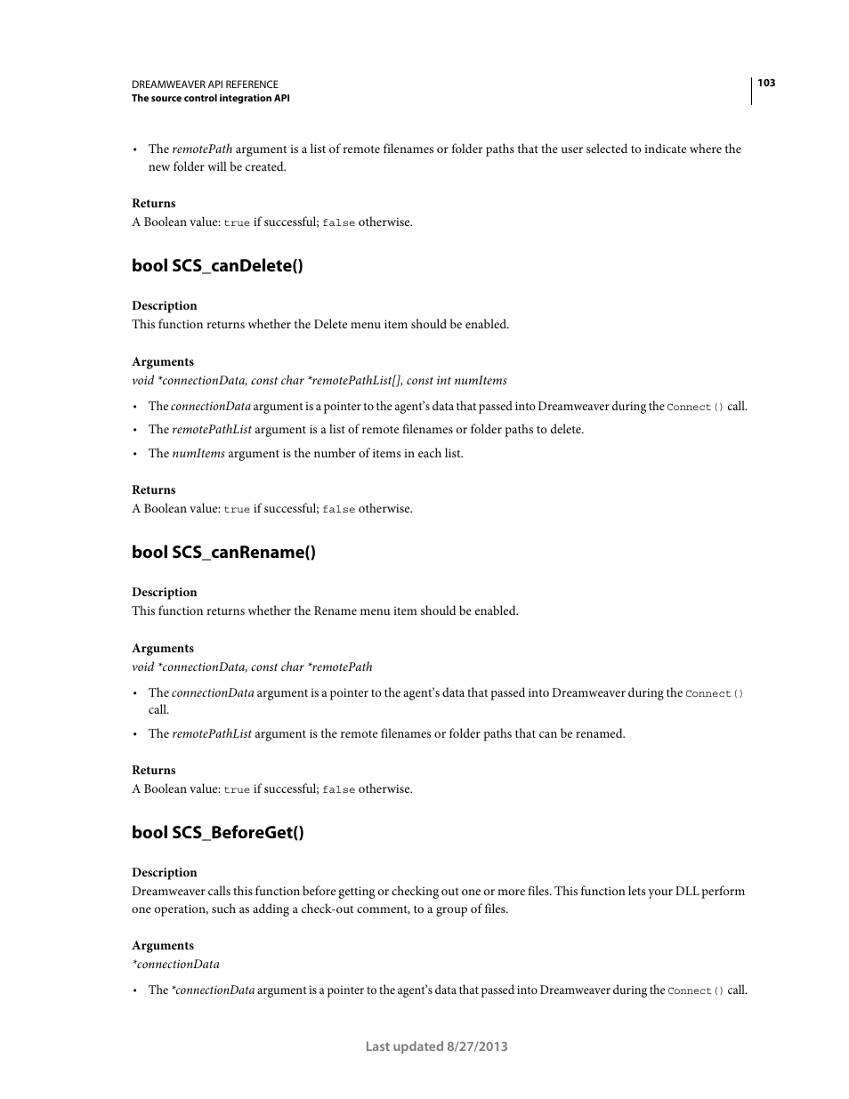 Bool scs_candelete(), Bool scs_canrename(), Bool scs_beforeget() | Adobe Dreamweaver API Reference CS5 User Manual | Page 108 / 533