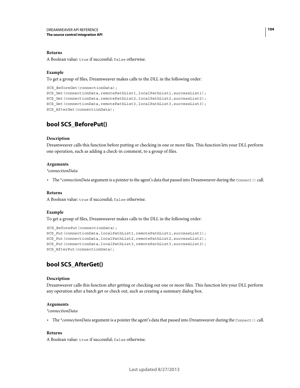 Bool scs_beforeput(), Bool scs_afterget() | Adobe Dreamweaver API Reference CS5 User Manual | Page 109 / 533