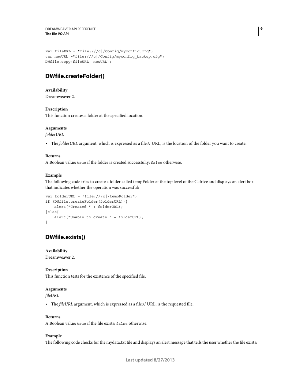 Dwfile.createfolder(), Dwfile.exists() | Adobe Dreamweaver API Reference CS5 User Manual | Page 11 / 533