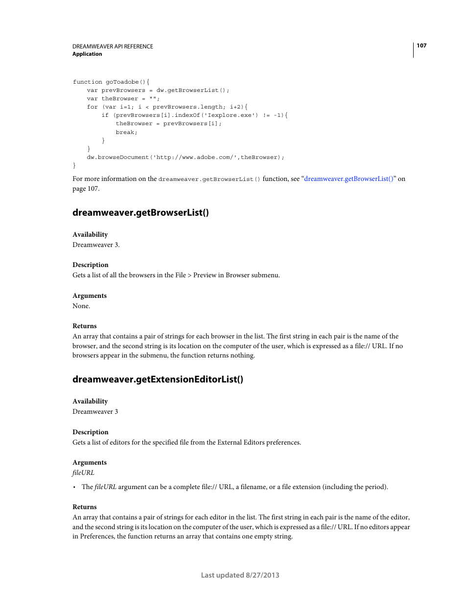 Dreamweaver.getbrowserlist(), Dreamweaver.getextensioneditorlist() | Adobe Dreamweaver API Reference CS5 User Manual | Page 112 / 533