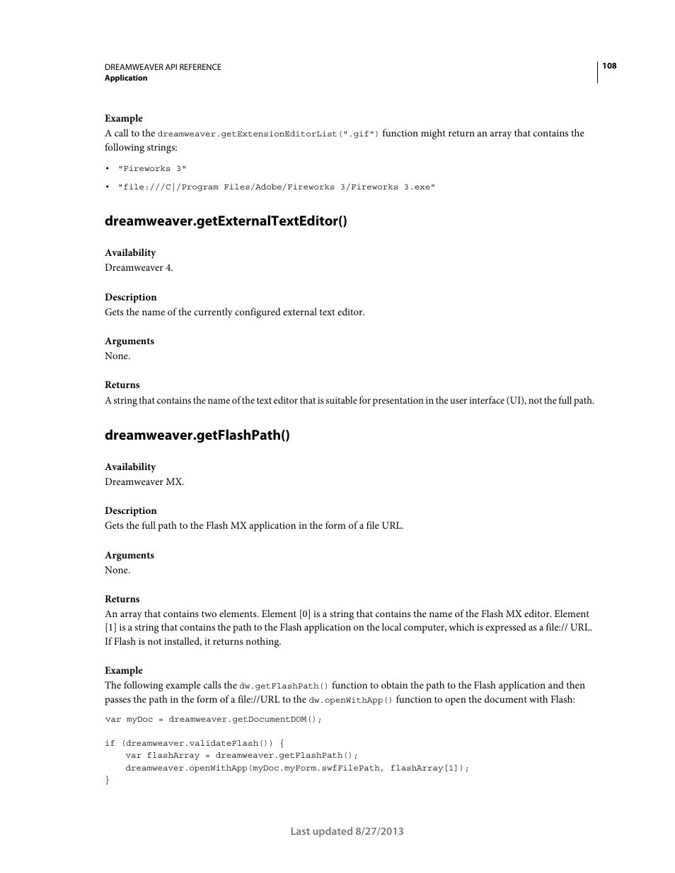 Dreamweaver.getexternaltexteditor(), Dreamweaver.getflashpath() | Adobe Dreamweaver API Reference CS5 User Manual | Page 113 / 533