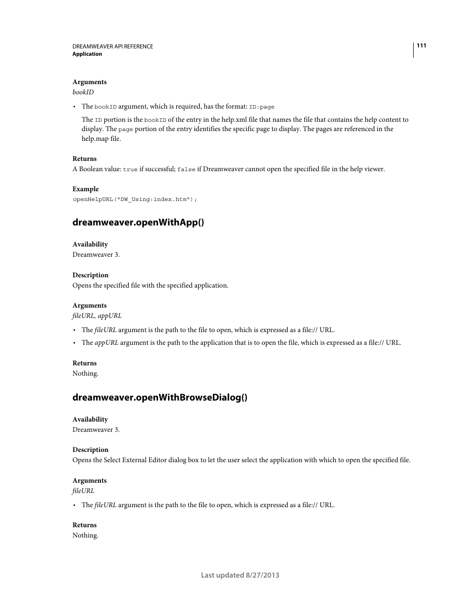 Dreamweaver.openwithapp(), Dreamweaver.openwithbrowsedialog() | Adobe Dreamweaver API Reference CS5 User Manual | Page 116 / 533