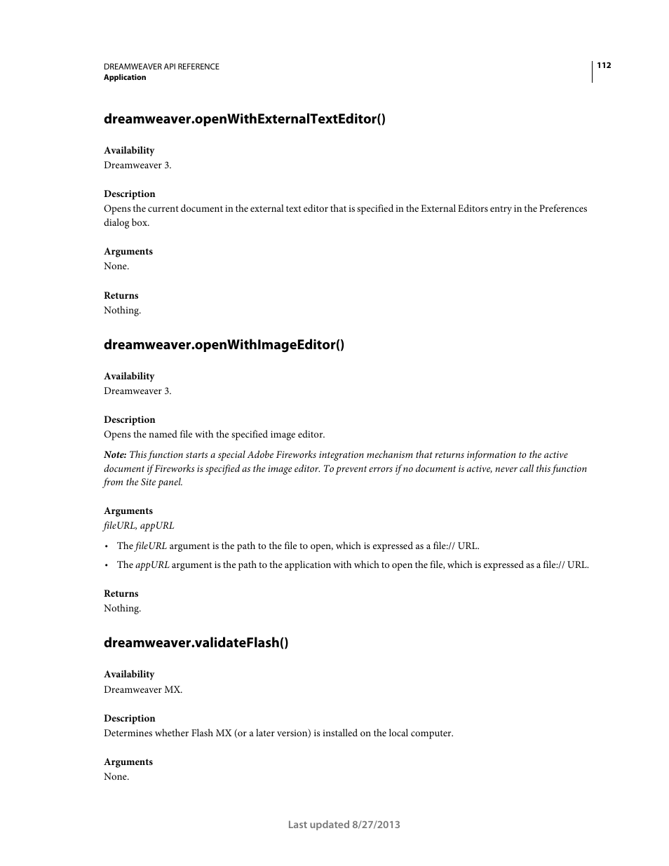 Dreamweaver.openwithexternaltexteditor(), Dreamweaver.openwithimageeditor(), Dreamweaver.validateflash() | Adobe Dreamweaver API Reference CS5 User Manual | Page 117 / 533