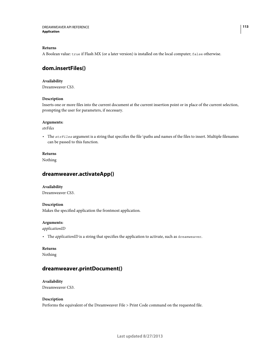 Dom.insertfiles(), Dreamweaver.activateapp(), Dreamweaver.printdocument() | Adobe Dreamweaver API Reference CS5 User Manual | Page 118 / 533