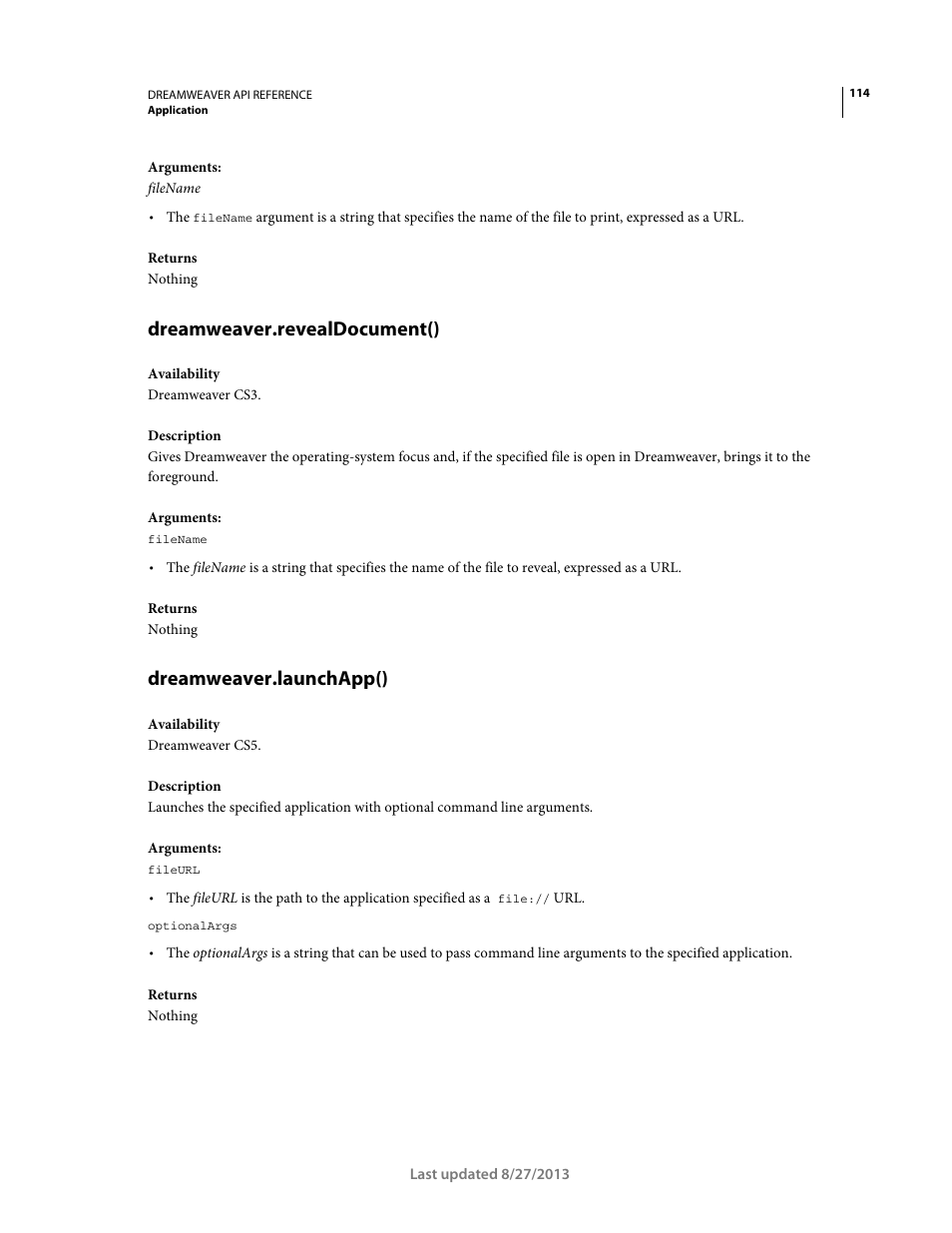Dreamweaver.revealdocument(), Dreamweaver.launchapp() | Adobe Dreamweaver API Reference CS5 User Manual | Page 119 / 533