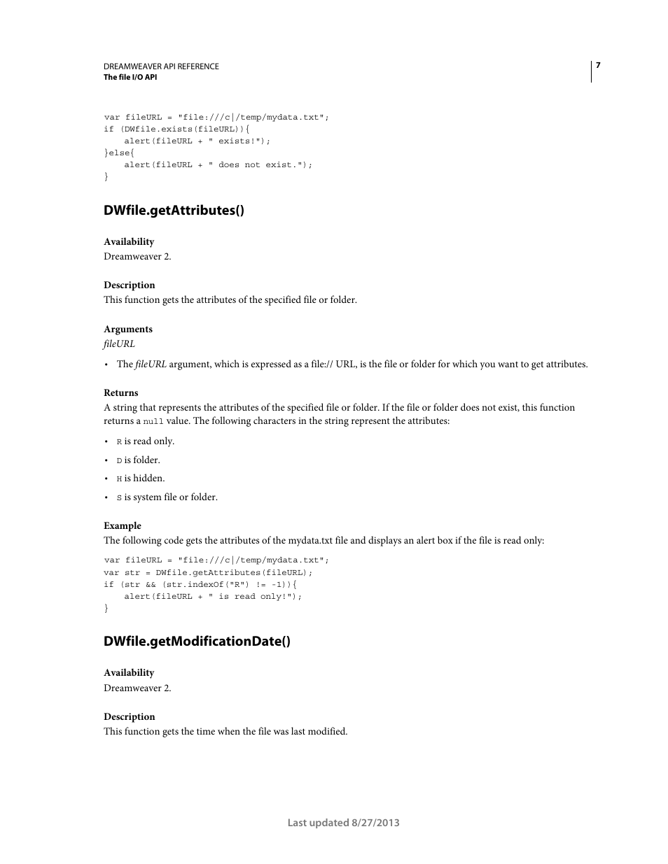 Dwfile.getattributes(), Dwfile.getmodificationdate() | Adobe Dreamweaver API Reference CS5 User Manual | Page 12 / 533