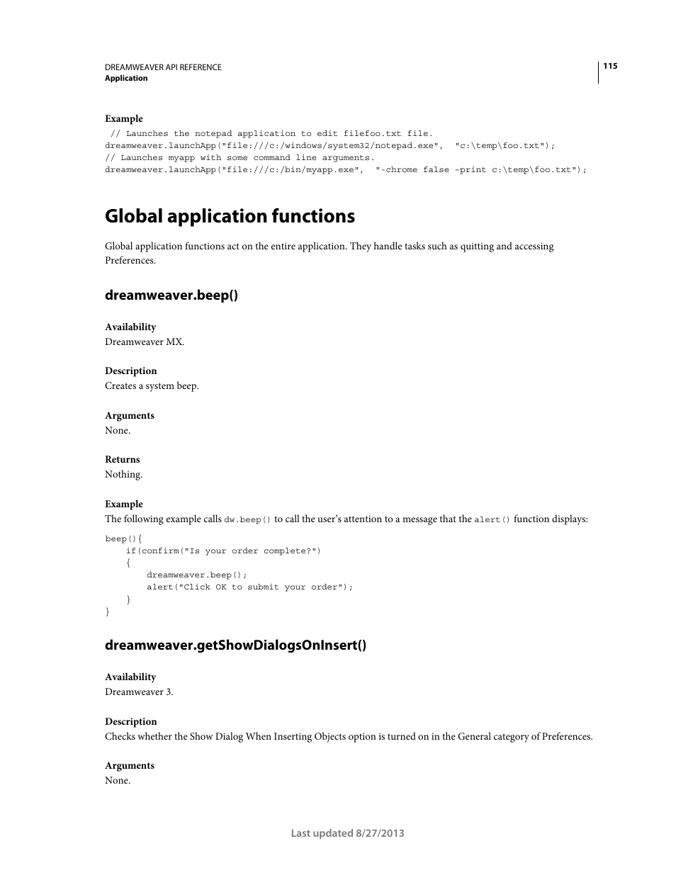 Global application functions, Dreamweaver.beep(), Dreamweaver.getshowdialogsoninsert() | Adobe Dreamweaver API Reference CS5 User Manual | Page 120 / 533