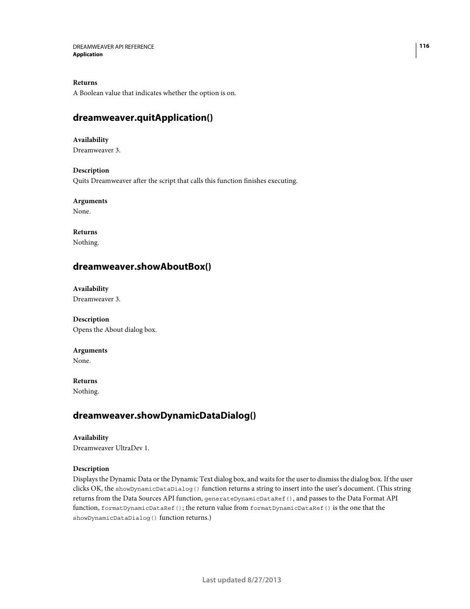 Dreamweaver.quitapplication(), Dreamweaver.showaboutbox(), Dreamweaver.showdynamicdatadialog() | Adobe Dreamweaver API Reference CS5 User Manual | Page 121 / 533