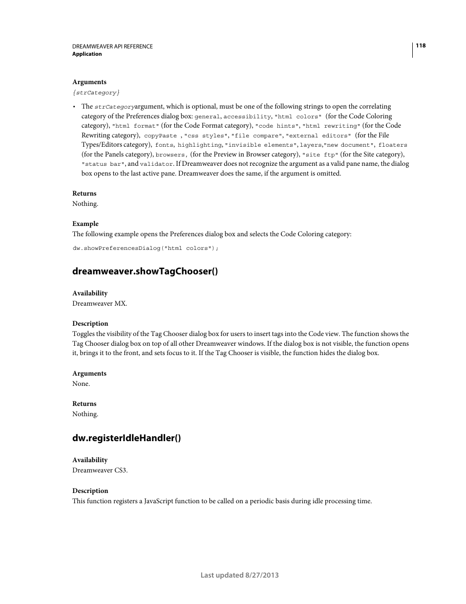 Dreamweaver.showtagchooser(), Dw.registeridlehandler() | Adobe Dreamweaver API Reference CS5 User Manual | Page 123 / 533