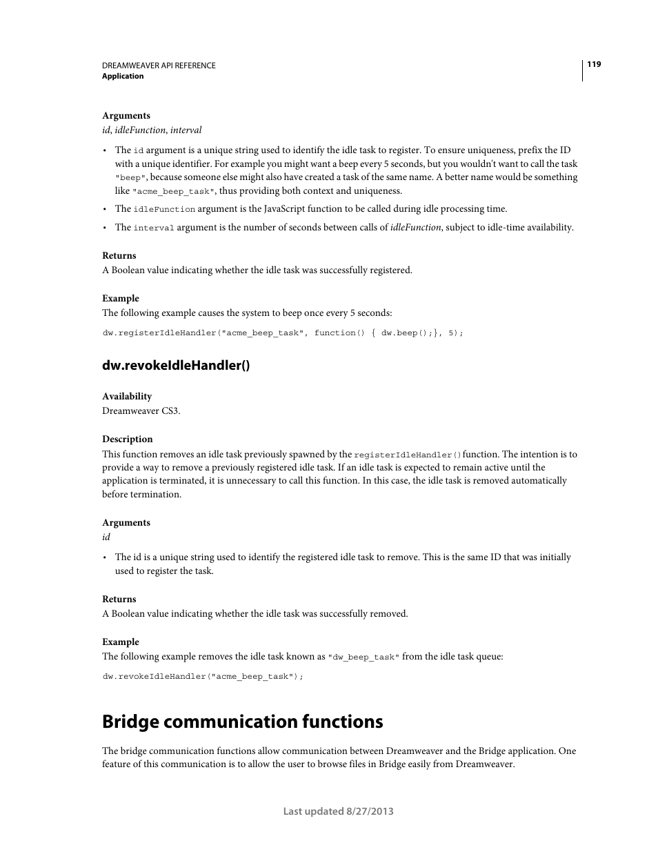 Dw.revokeidlehandler(), Bridge communication functions | Adobe Dreamweaver API Reference CS5 User Manual | Page 124 / 533