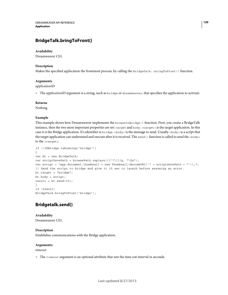 Bridgetalk.bringtofront(), Bridgetalk.send() | Adobe Dreamweaver API Reference CS5 User Manual | Page 125 / 533