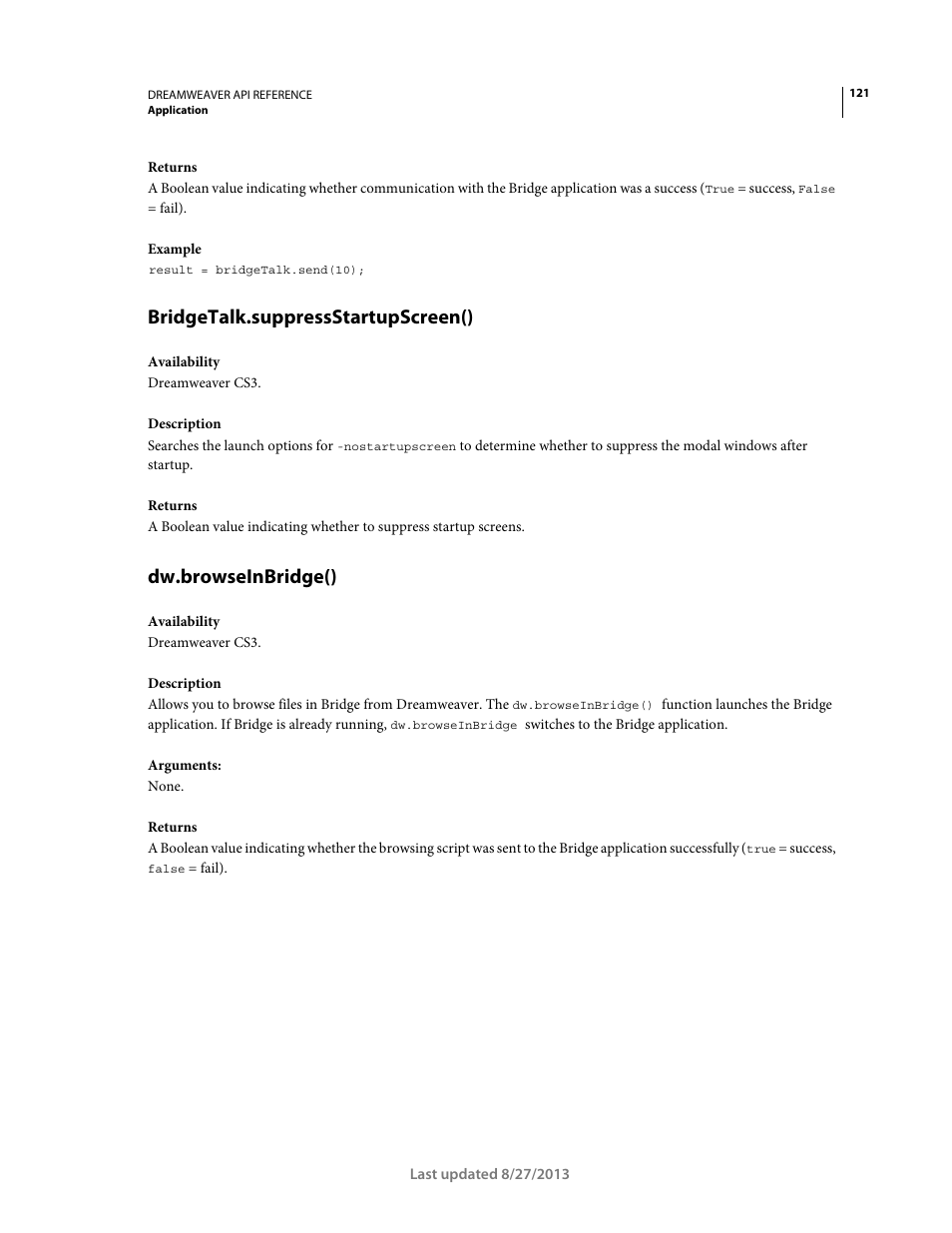 Bridgetalk.suppressstartupscreen(), Dw.browseinbridge() | Adobe Dreamweaver API Reference CS5 User Manual | Page 126 / 533