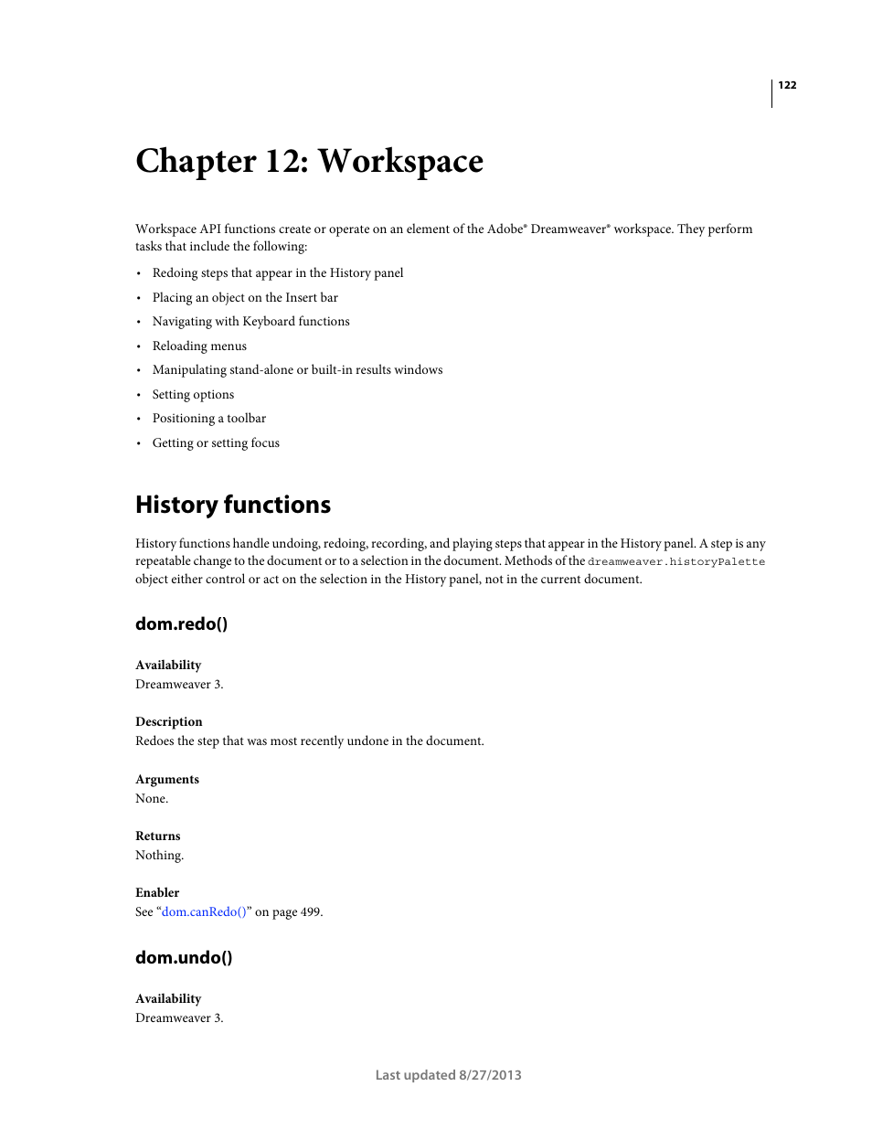 Chapter 12: workspace, History functions, Dom.redo() | Dom.undo() | Adobe Dreamweaver API Reference CS5 User Manual | Page 127 / 533