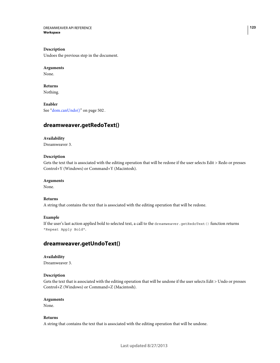 Dreamweaver.getredotext(), Dreamweaver.getundotext() | Adobe Dreamweaver API Reference CS5 User Manual | Page 128 / 533