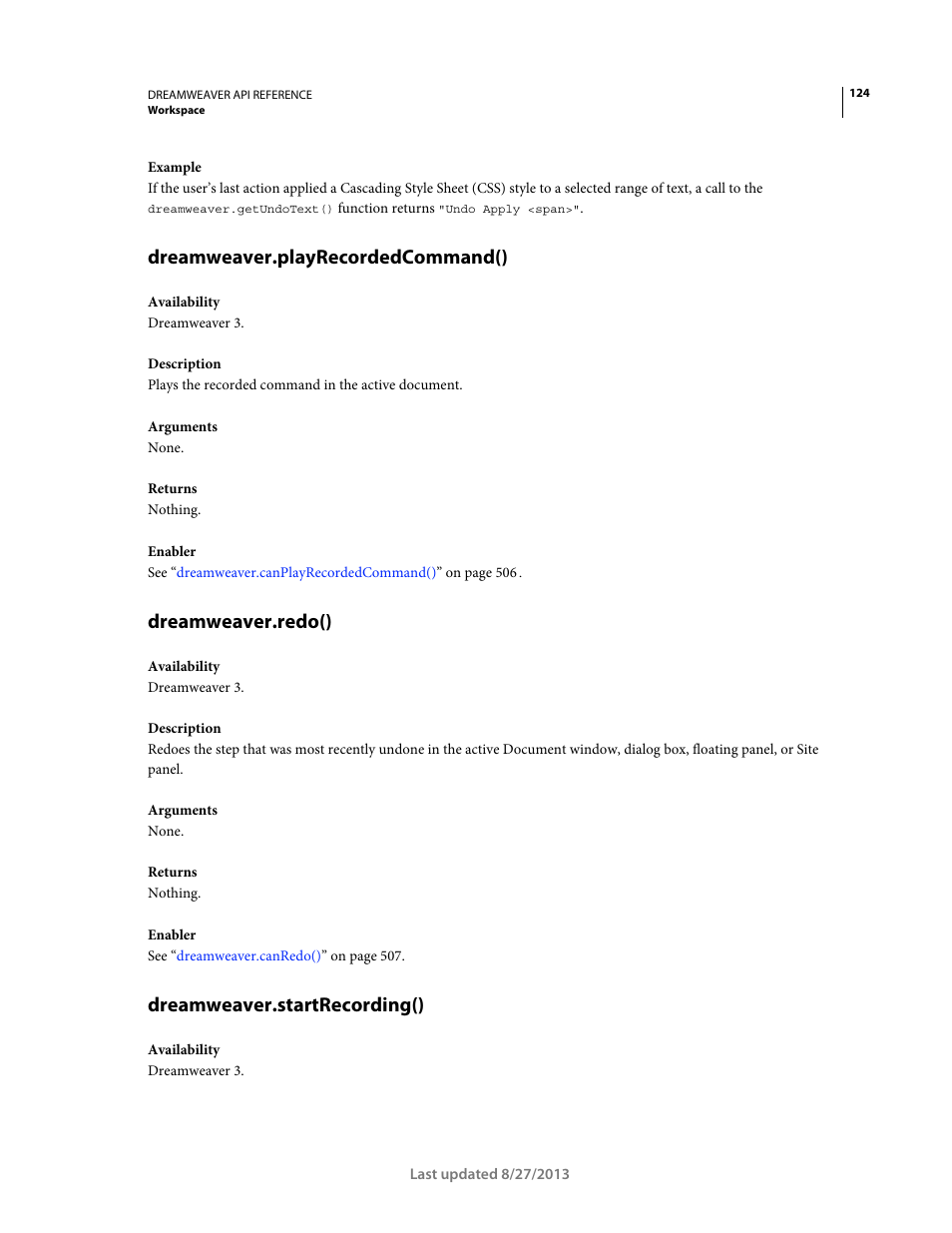 Dreamweaver.playrecordedcommand(), Dreamweaver.redo(), Dreamweaver.startrecording() | Adobe Dreamweaver API Reference CS5 User Manual | Page 129 / 533