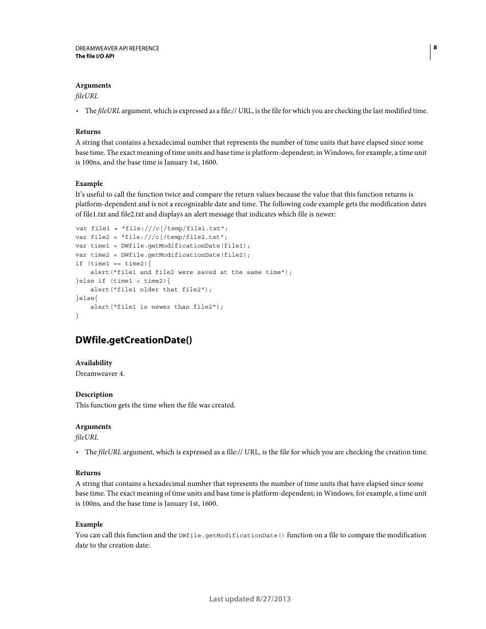 Dwfile.getcreationdate() | Adobe Dreamweaver API Reference CS5 User Manual | Page 13 / 533