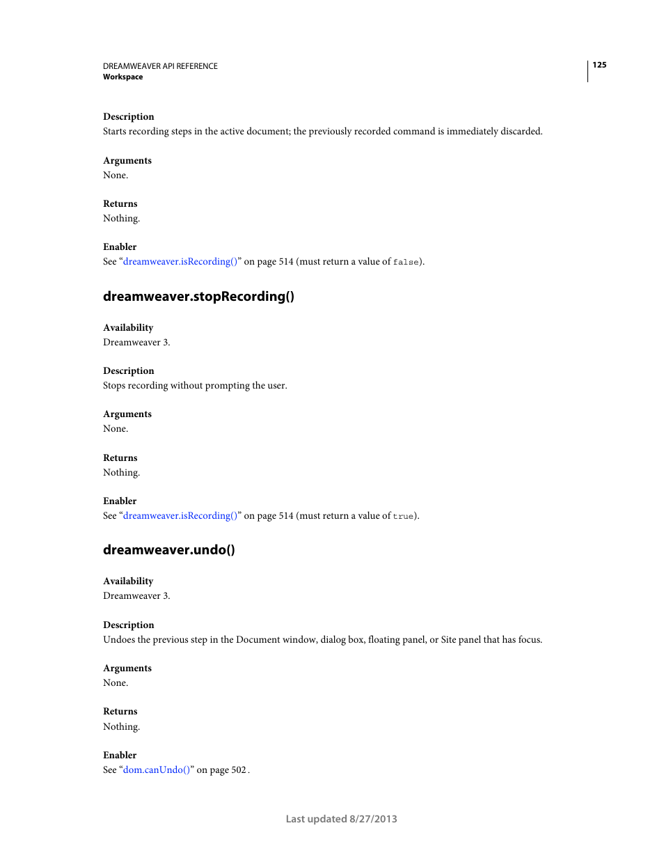 Dreamweaver.stoprecording(), Dreamweaver.undo() | Adobe Dreamweaver API Reference CS5 User Manual | Page 130 / 533