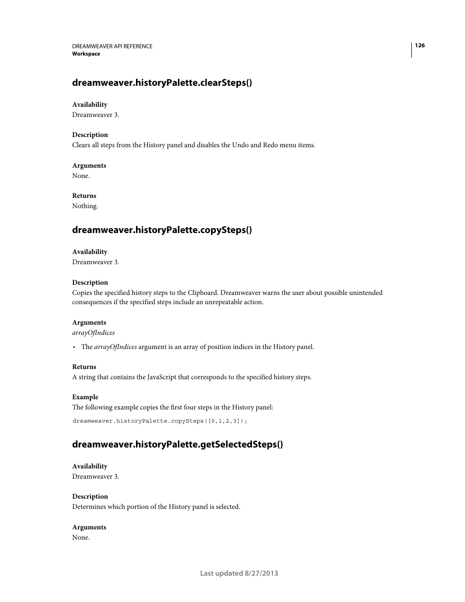 Dreamweaver.historypalette.clearsteps(), Dreamweaver.historypalette.copysteps(), Dreamweaver.historypalette.getselectedsteps() | Adobe Dreamweaver API Reference CS5 User Manual | Page 131 / 533