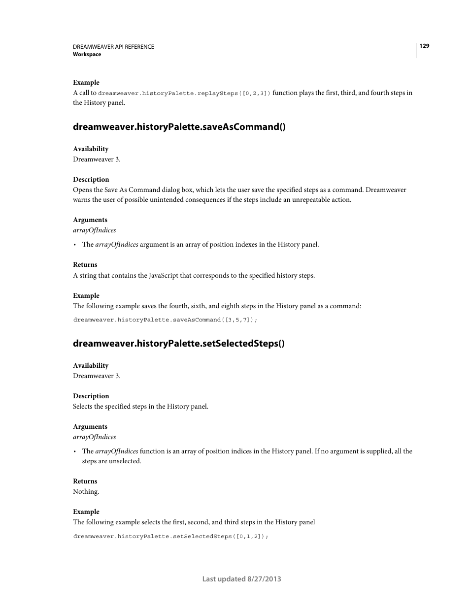 Dreamweaver.historypalette.saveascommand(), Dreamweaver.historypalette.setselectedsteps() | Adobe Dreamweaver API Reference CS5 User Manual | Page 134 / 533