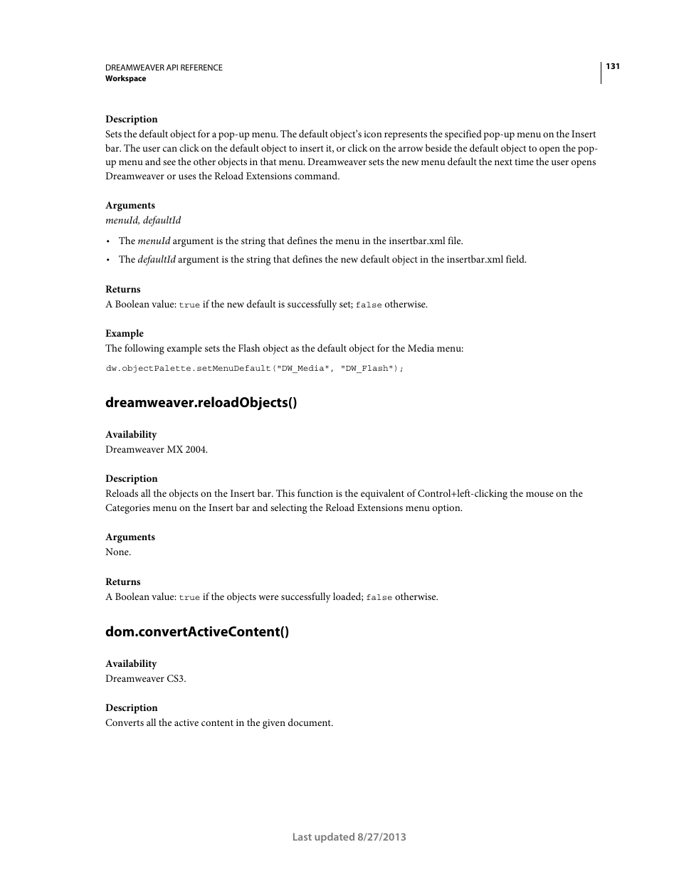 Dreamweaver.reloadobjects(), Dom.convertactivecontent() | Adobe Dreamweaver API Reference CS5 User Manual | Page 136 / 533