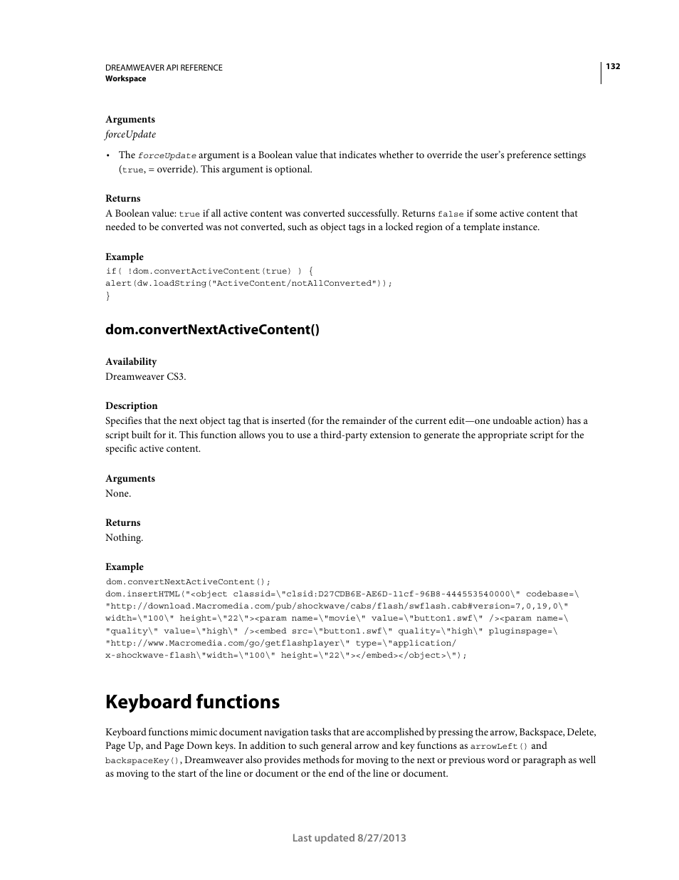 Dom.convertnextactivecontent(), Keyboard functions | Adobe Dreamweaver API Reference CS5 User Manual | Page 137 / 533