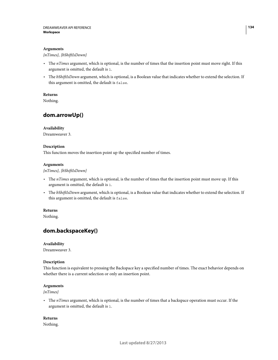 Dom.arrowup(), Dom.backspacekey() | Adobe Dreamweaver API Reference CS5 User Manual | Page 139 / 533