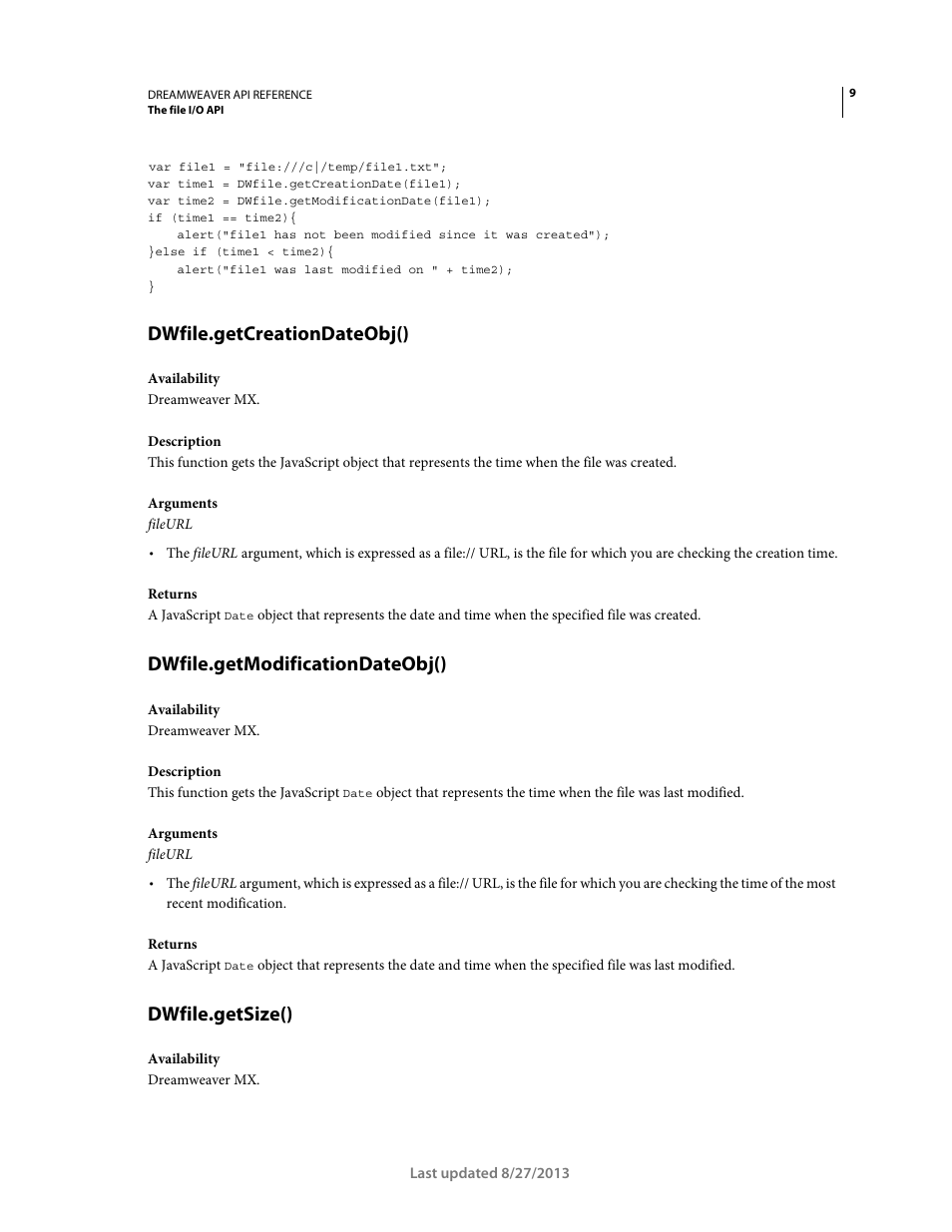 Dwfile.getcreationdateobj(), Dwfile.getmodificationdateobj(), Dwfile.getsize() | Adobe Dreamweaver API Reference CS5 User Manual | Page 14 / 533