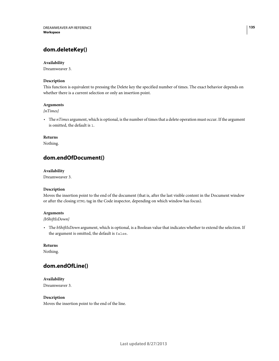 Dom.deletekey(), Dom.endofdocument(), Dom.endofline() | Adobe Dreamweaver API Reference CS5 User Manual | Page 140 / 533