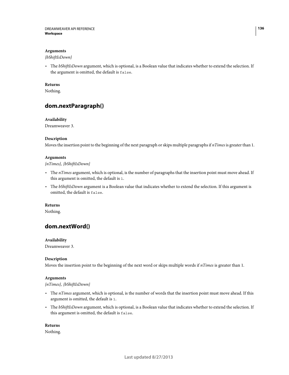 Dom.nextparagraph(), Dom.nextword() | Adobe Dreamweaver API Reference CS5 User Manual | Page 141 / 533