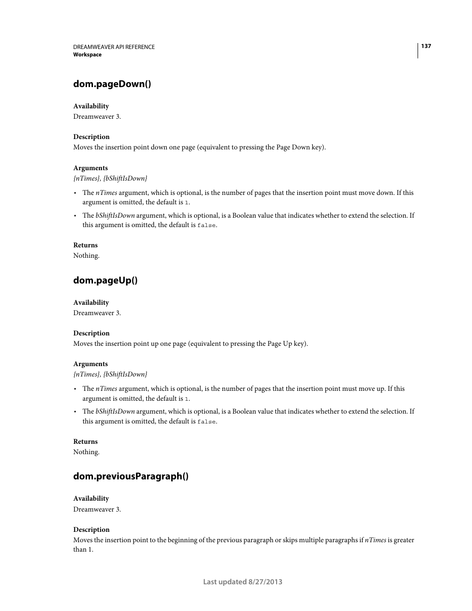 Dom.previousparagraph(), Dom.pagedown(), Dom.pageup() | Adobe Dreamweaver API Reference CS5 User Manual | Page 142 / 533