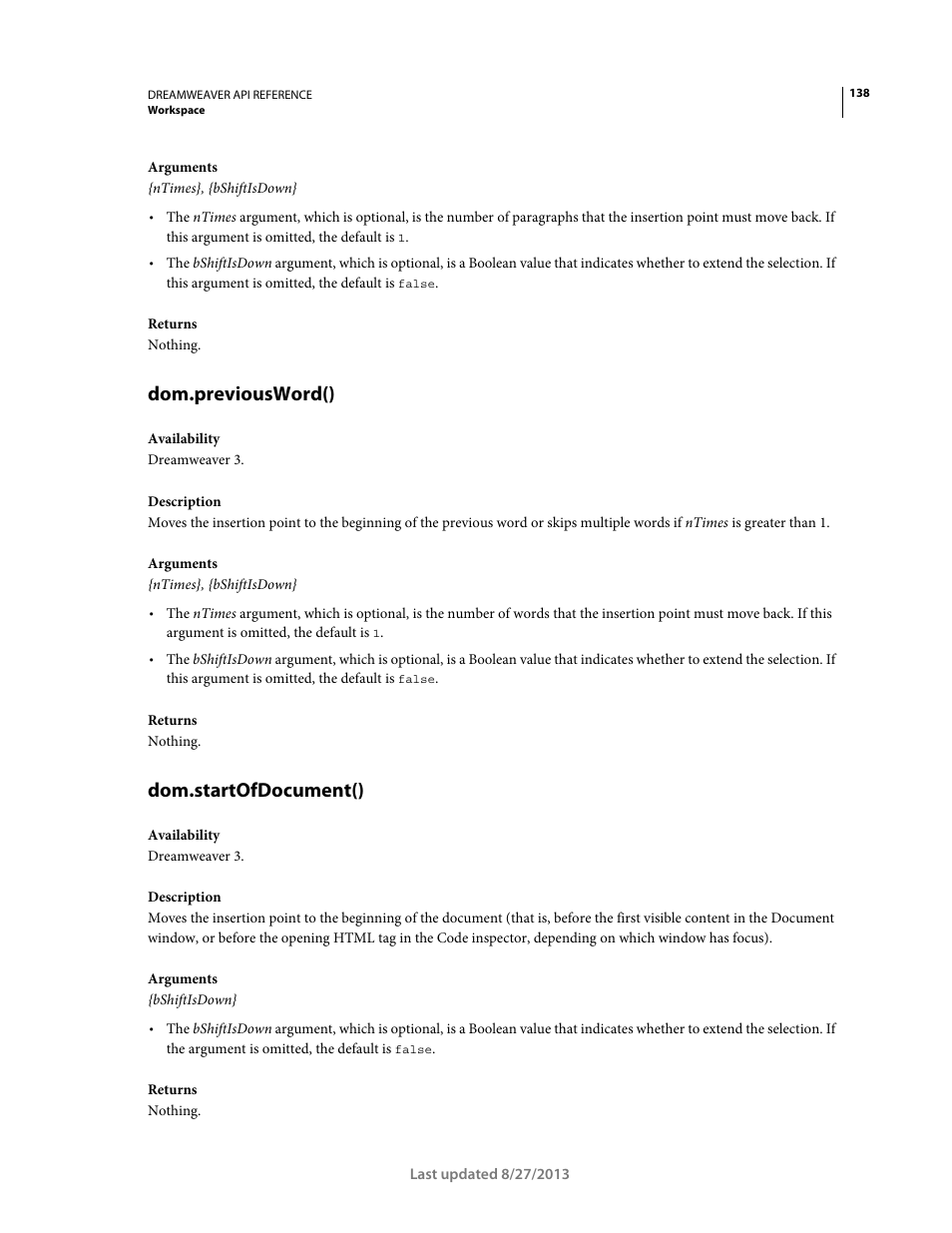 Dom.previousword(), Dom.startofdocument() | Adobe Dreamweaver API Reference CS5 User Manual | Page 143 / 533