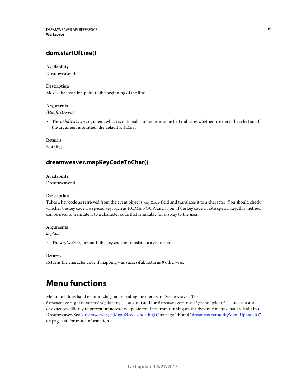 Dom.startofline(), Dreamweaver.mapkeycodetochar(), Menu functions | Adobe Dreamweaver API Reference CS5 User Manual | Page 144 / 533