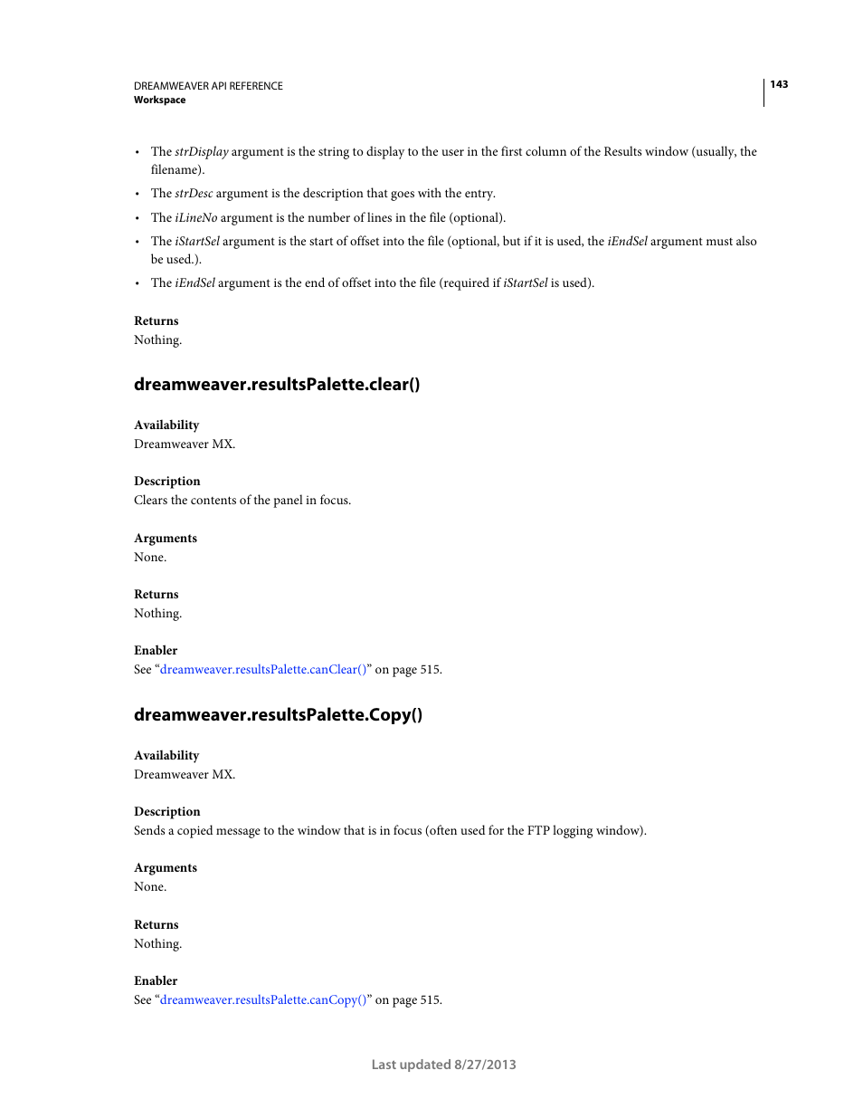 Dreamweaver.resultspalette.clear(), Dreamweaver.resultspalette.copy() | Adobe Dreamweaver API Reference CS5 User Manual | Page 148 / 533