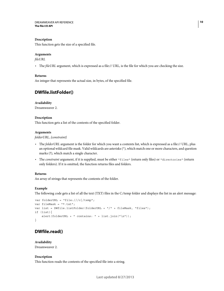 Dwfile.listfolder(), Dwfile.read() | Adobe Dreamweaver API Reference CS5 User Manual | Page 15 / 533