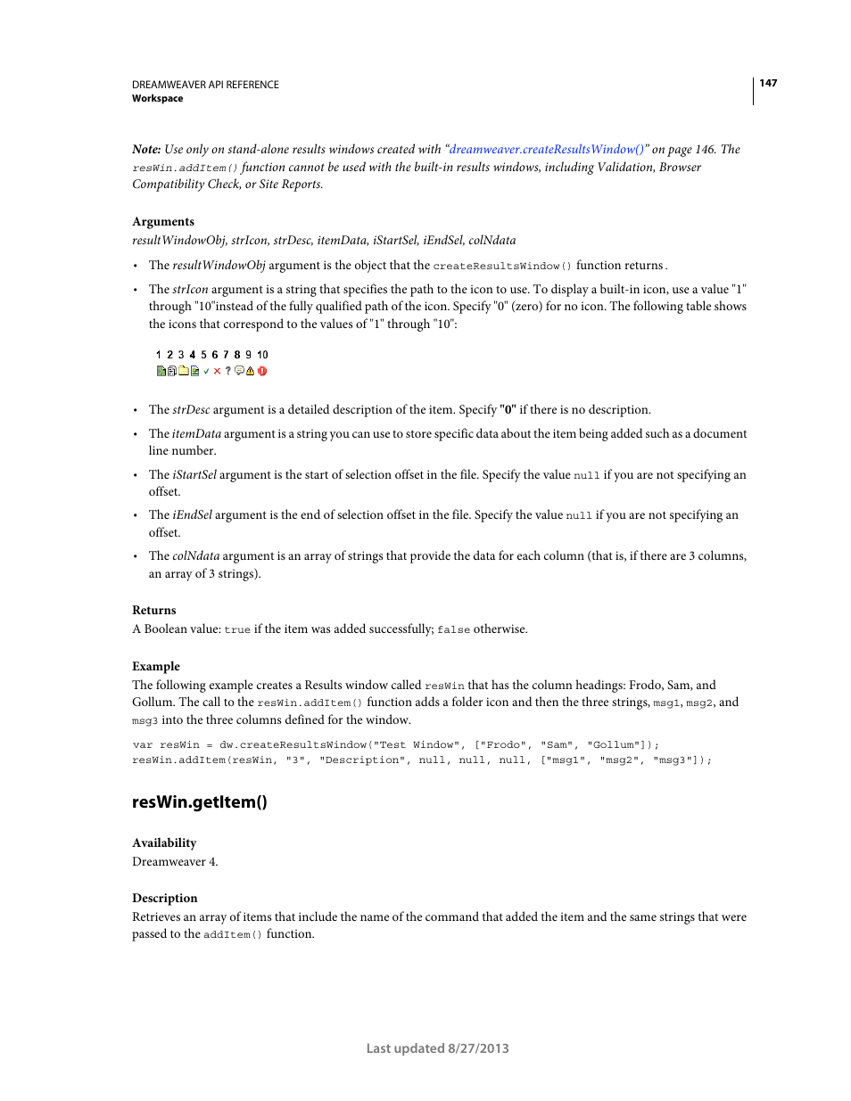 Reswin.getitem() | Adobe Dreamweaver API Reference CS5 User Manual | Page 152 / 533