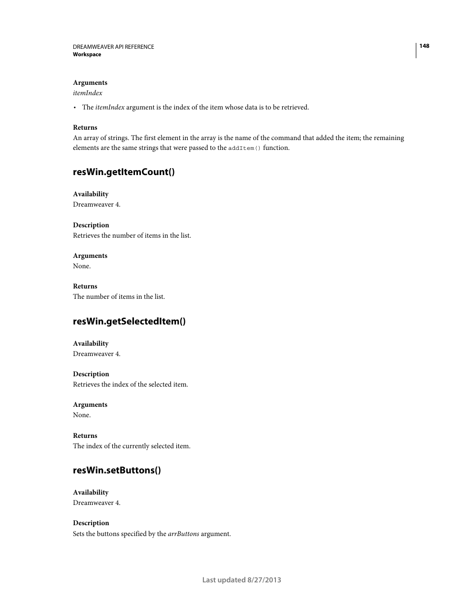 Reswin.getitemcount(), Reswin.getselecteditem(), Reswin.setbuttons() | Adobe Dreamweaver API Reference CS5 User Manual | Page 153 / 533