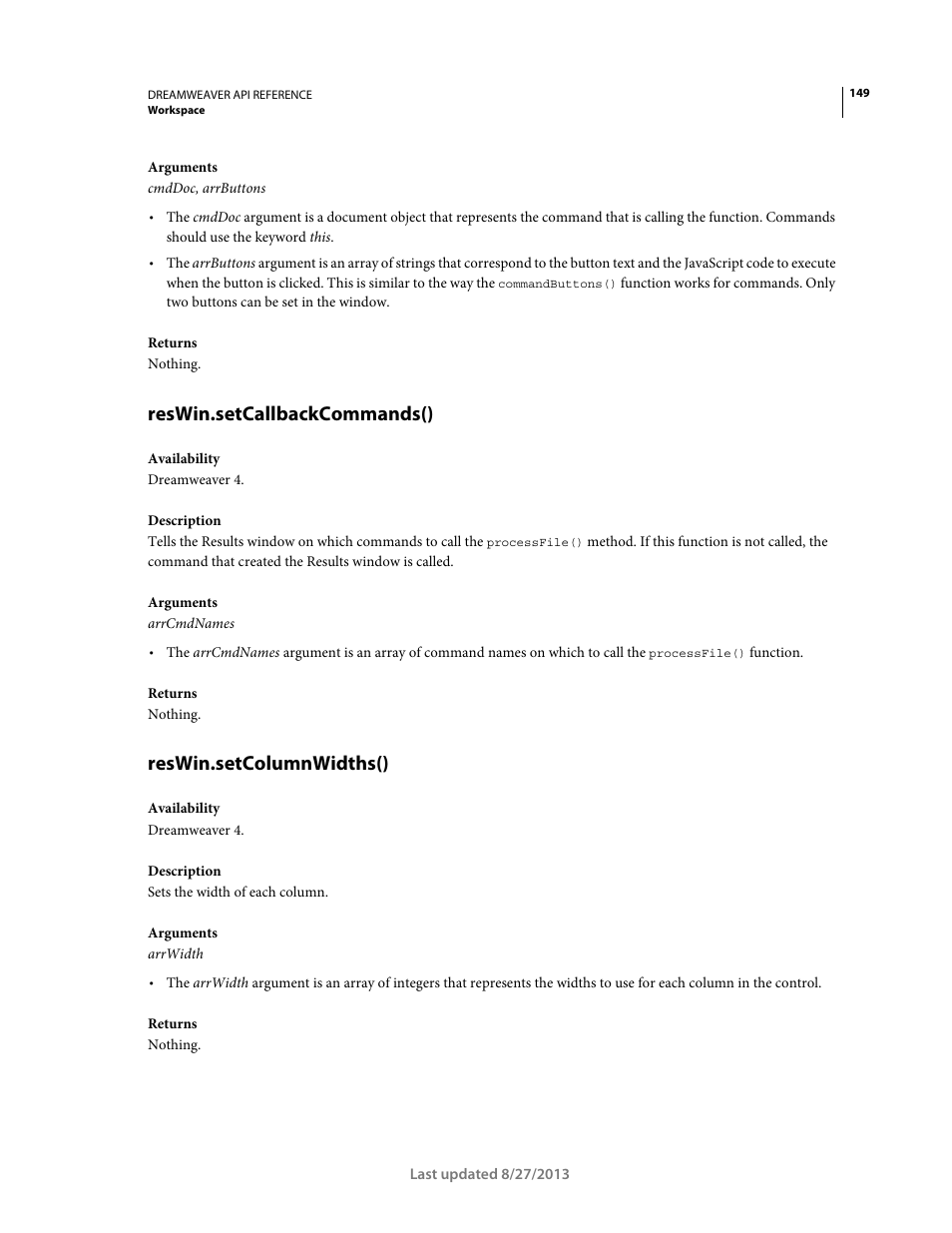 Reswin.setcallbackcommands(), Reswin.setcolumnwidths() | Adobe Dreamweaver API Reference CS5 User Manual | Page 154 / 533