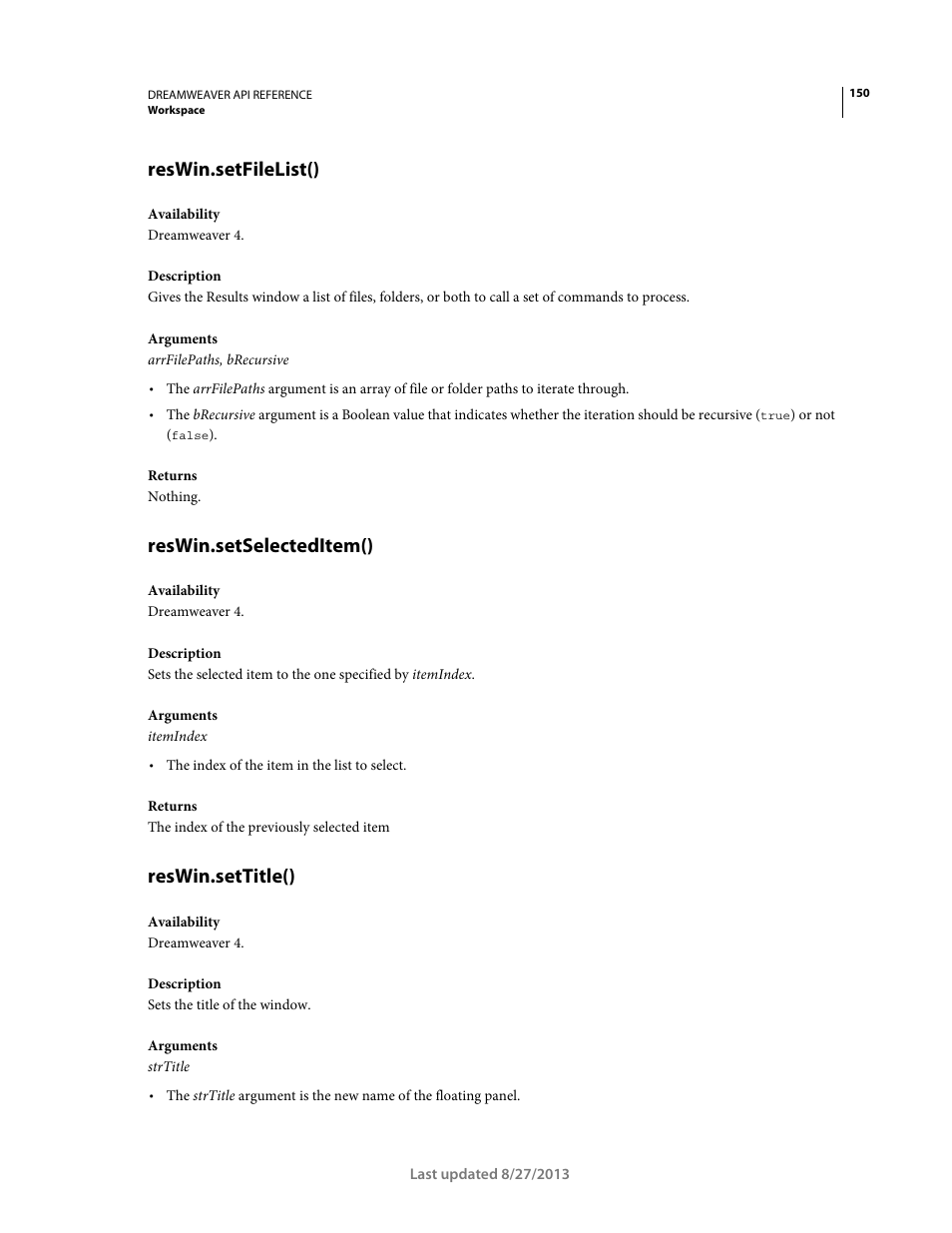 Reswin.setfilelist(), Reswin.setselecteditem(), Reswin.settitle() | Adobe Dreamweaver API Reference CS5 User Manual | Page 155 / 533