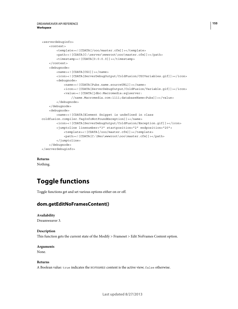 Toggle functions, Dom.geteditnoframescontent() | Adobe Dreamweaver API Reference CS5 User Manual | Page 158 / 533