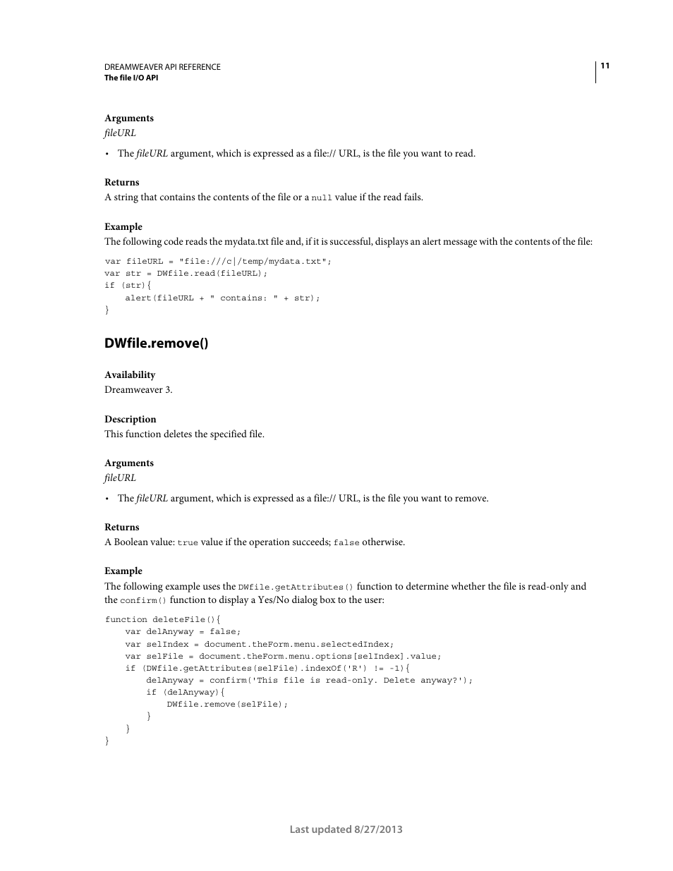 Dwfile.remove() | Adobe Dreamweaver API Reference CS5 User Manual | Page 16 / 533