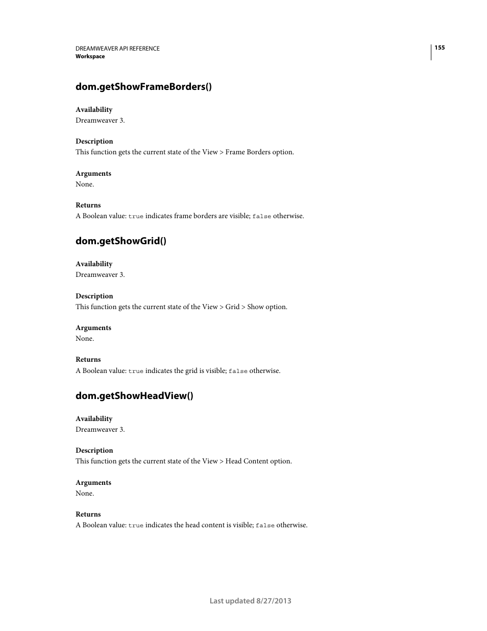 Dom.getshowframeborders(), Dom.getshowgrid(), Dom.getshowheadview() | Adobe Dreamweaver API Reference CS5 User Manual | Page 160 / 533