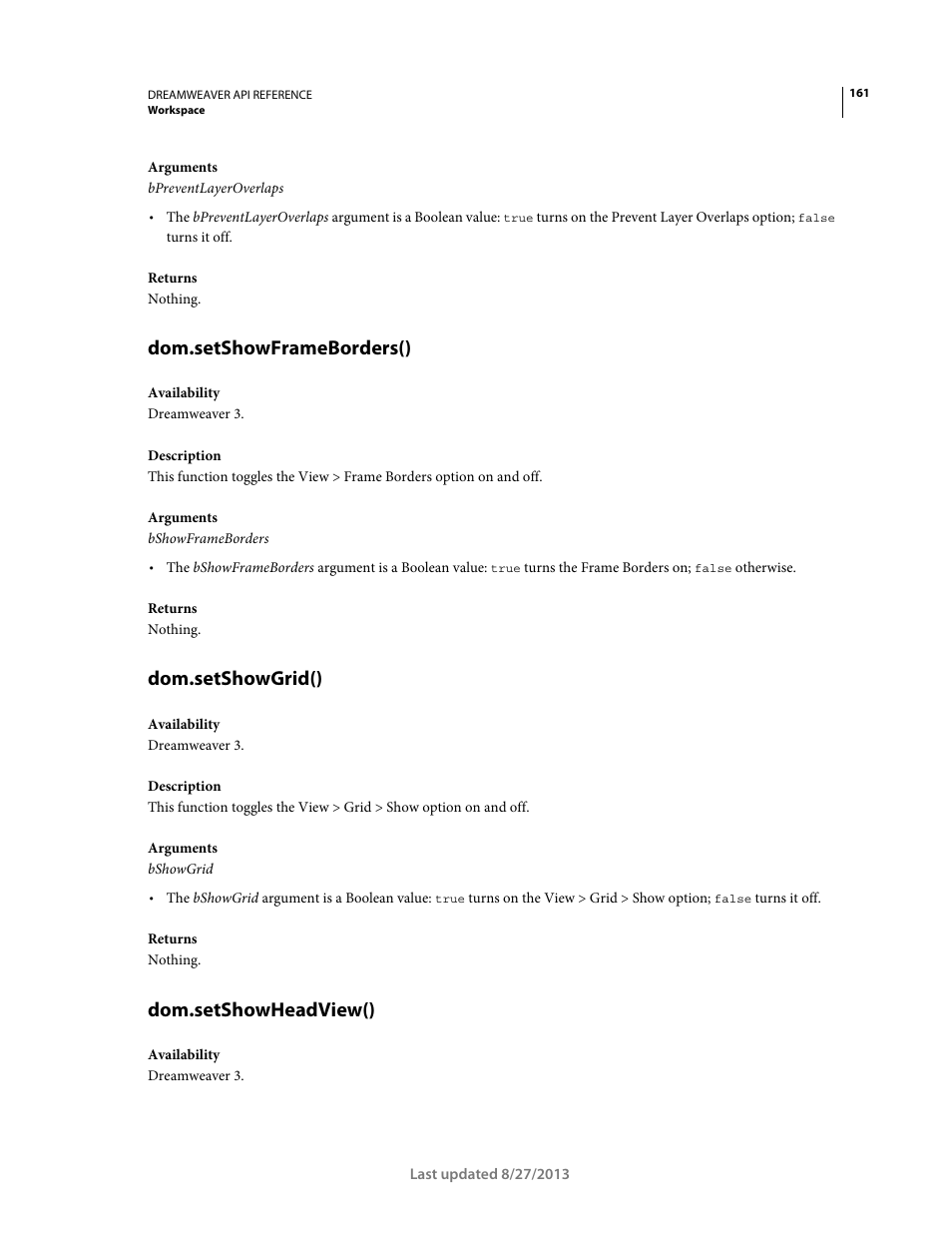 Dom.setshowframeborders(), Dom.setshowgrid(), Dom.setshowheadview() | Adobe Dreamweaver API Reference CS5 User Manual | Page 166 / 533