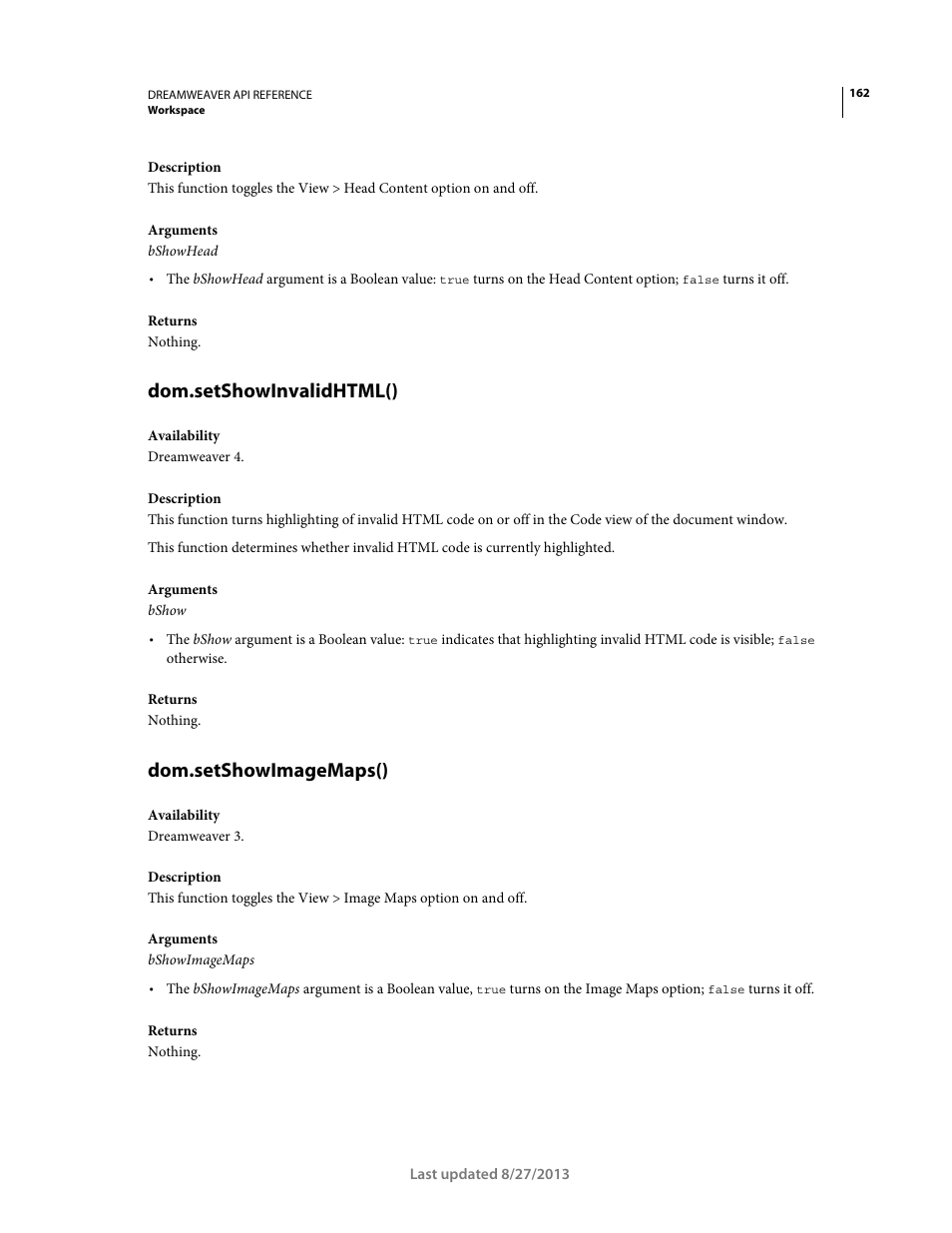 Dom.setshowinvalidhtml(), Dom.setshowimagemaps() | Adobe Dreamweaver API Reference CS5 User Manual | Page 167 / 533