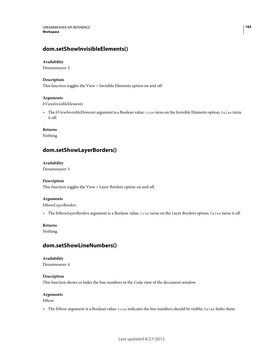 Dom.setshowinvisibleelements(), Dom.setshowlayerborders(), Dom.setshowlinenumbers() | Adobe Dreamweaver API Reference CS5 User Manual | Page 168 / 533