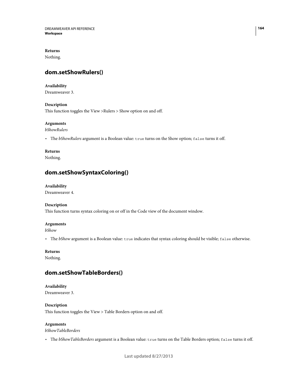 Dom.setshowrulers(), Dom.setshowsyntaxcoloring(), Dom.setshowtableborders() | Adobe Dreamweaver API Reference CS5 User Manual | Page 169 / 533