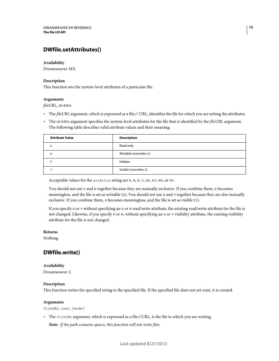 Dwfile.setattributes(), Dwfile.write() | Adobe Dreamweaver API Reference CS5 User Manual | Page 17 / 533