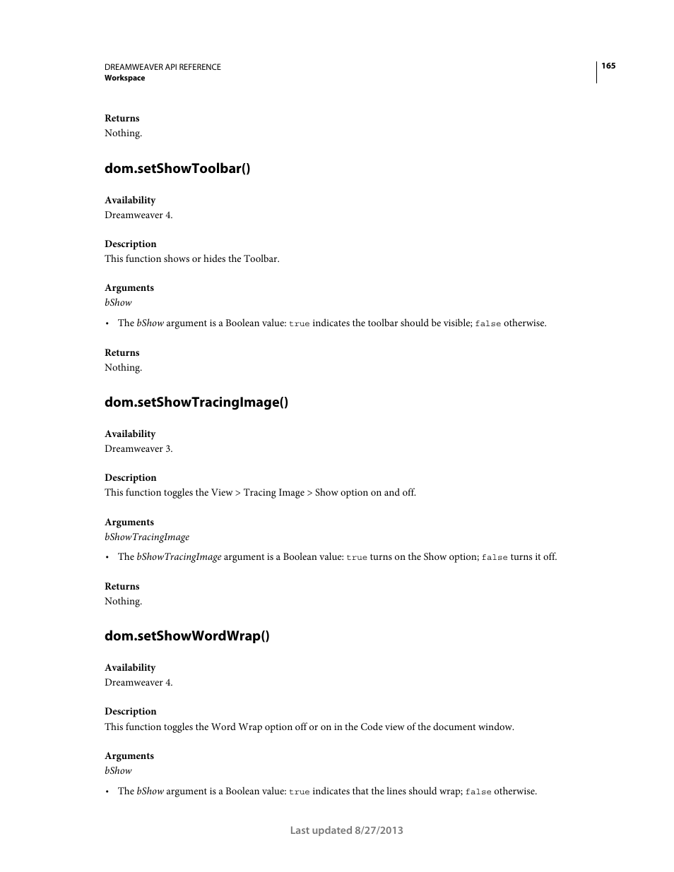 Dom.setshowtoolbar(), Dom.setshowtracingimage(), Dom.setshowwordwrap() | Adobe Dreamweaver API Reference CS5 User Manual | Page 170 / 533